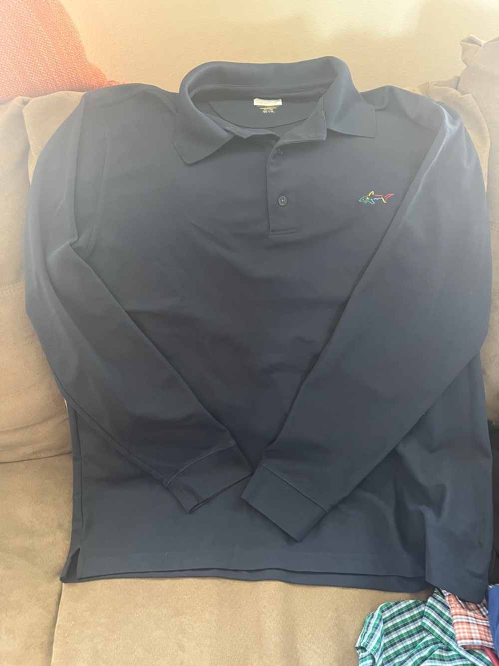 Greg Norman Collection Navy Long-Sleeve Polo with Multicolor Shark Logo
